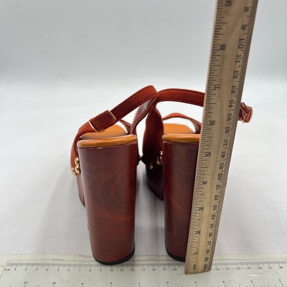 YDN Brown Rivet Studded Platform Chunky High Heeled Sandal Slingback Buckle Shoe - Picture 5 of 8